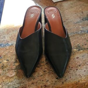 Sarto black leather pointy toe mules